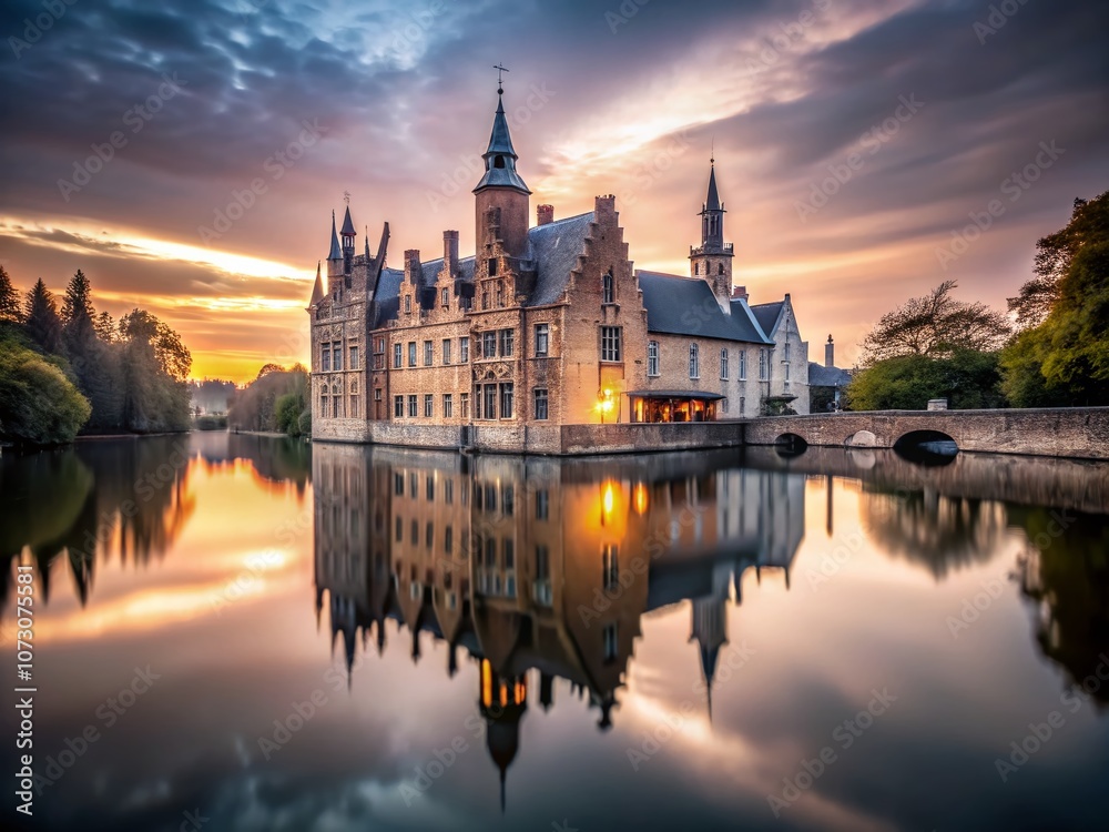 Obraz premium Ethereal View of a Traditional Ancient Medieval Castle at Dusk in Bruges, Belgium, Emphasizing Minimalist Aesthetics and Serene Atmosphere for Timeless Elegance