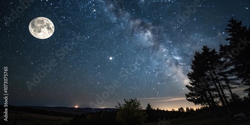 Dark sky with numerous stars and a full moon, nighttime scenery, star field photo