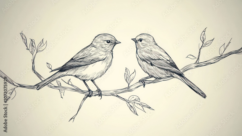 A pencil sketch of two birds perched on a branch, facing each other. A pencil sketch of two birds perched on a branch, facing each other.