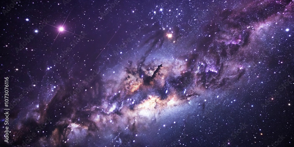 Fototapeta premium Dense cluster of stars and galaxies suspended in space against a backdrop of deep purple, dark matter, cosmological, interstellar gas, stargazing, starfield