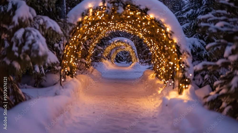 Obraz premium A serene winter landscape captures a sun-drenched forest with snow covered ground,Snowy tunnel, highlighting the peaceful beauty and tranquility of nature,winter season.