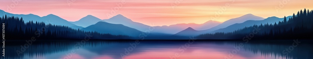 Tranquil sunset over a serene lake surrounded by distant mountains Tranquil sunset over a serene lake surrounded by distant mountains