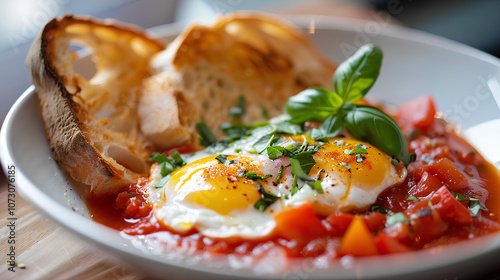 Plate of food with a fried egg and toast on top