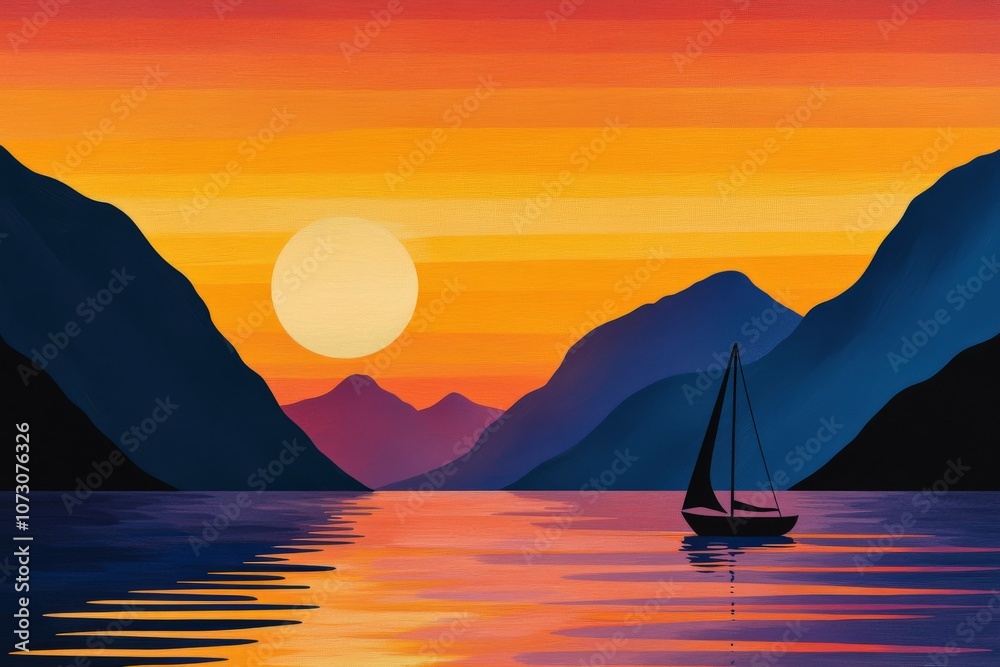 Fototapeta premium Sailboat gliding across serene waters during a vibrant sunset