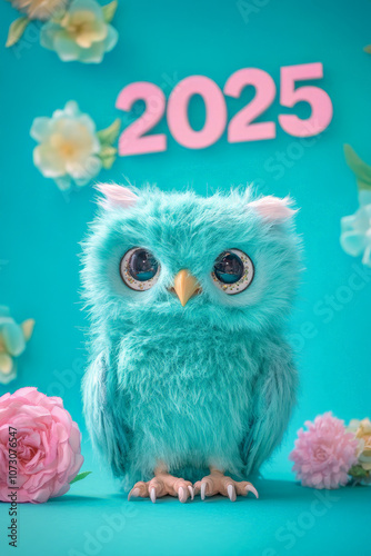 New Year Cards: 2025-themed Cute Neon Background Baby Owl Illustrations