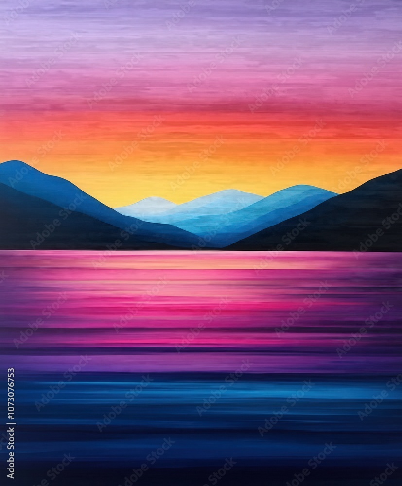 Vibrant sunset over tranquil lake with distant mountains in soft hues Vibrant sunset over tranquil lake with distant mountains in soft hues
