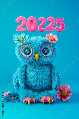 New Year Cards: 2025-themed Cute Neon Background Baby Owl Illustrations photo