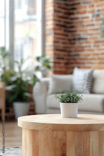 Cozy living room interior with a potted plant on a wooden table