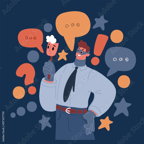 Cartoon vector illustration of a masked villain in an office suit, representing secrecy, deceit, and hidden motives over dark background