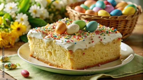 A festive slice of vanilla cake with colorful sprinkles and pastel egg decorations, a perfect addition to any Easter celebration.