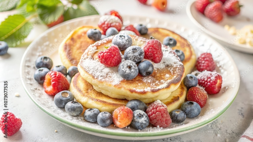 A plate of fluffy pancakes topped with fresh blueberries and raspberries, dusted with powdered sugar, creating a delightful breakfast treat. A plate of fluffy pancakes topped with fresh blueberries and raspberries, dusted with powdered sugar, creating a delightful breakfast treat.