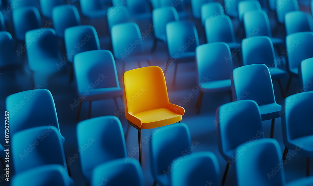 3D rendering of a yellow chair in line with blue background 3D rendering of a yellow chair in line with blue background