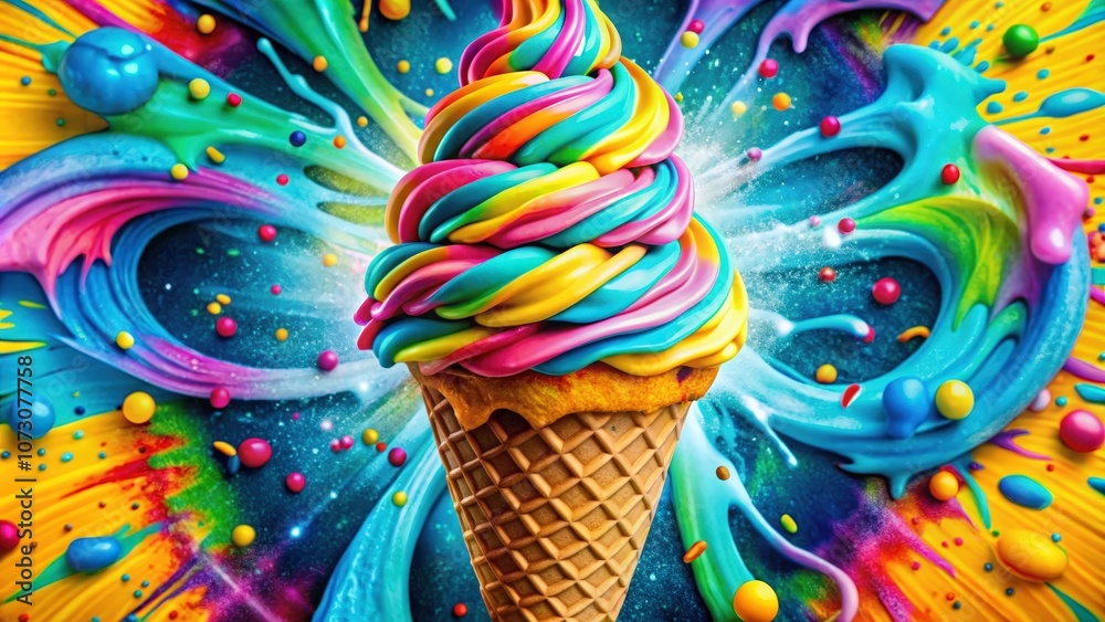 A swirl of rainbow ice cream exploding in a burst of vibrant colors, creating a delicious and whimsical scene A swirl of rainbow ice cream exploding in a burst of vibrant colors, creating a delicious and whimsical scene
