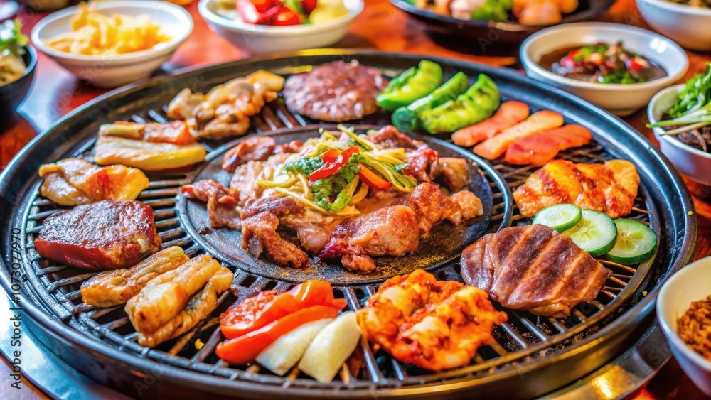 A sizzling platter of grilled meat and vegetables arranged in a circular pattern on a hot griddle, creating a vibrant feast for the senses. A sizzling platter of grilled meat and vegetables arranged in a circular pattern on a hot griddle, creating a vibrant feast for the senses.