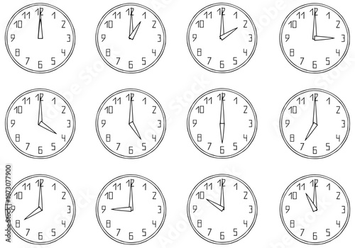 Time with 12-hour and 24-hour clocks. Many clocks that show the time. Freehand drawing. Doodle. Hand Drawn. Outline.