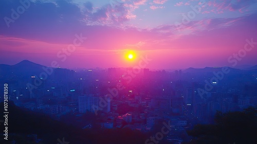 A vibrant pink and purple sunset over a city skyline.