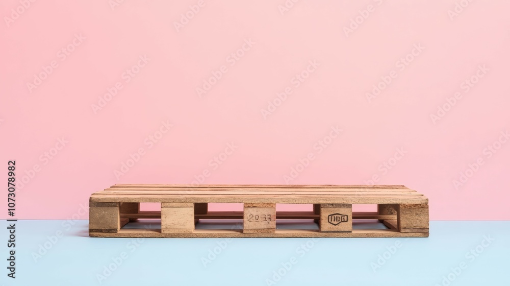 Wooden pallet on a blue surface against a pink background