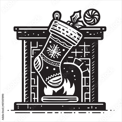 Cozy Christmas Fireplace Scene with Stocking and Gifts. A vintage-style black and white illustration of a brick fireplace with a roaring fire.