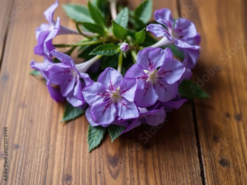 Purple flowers with delicate leaves on a wooden table, flowers, garden