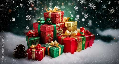  variety of Christmas gift boxes wrapped in shiny red, green, and gold paper with ribbon, with a background of soft white snowflakes