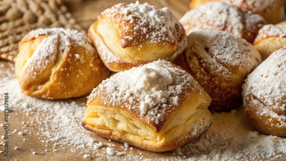 Golden Pastry Delights Covered in Powdered Sugar, A Treat for the Senses Golden Pastry Delights Covered in Powdered Sugar, A Treat for the Senses