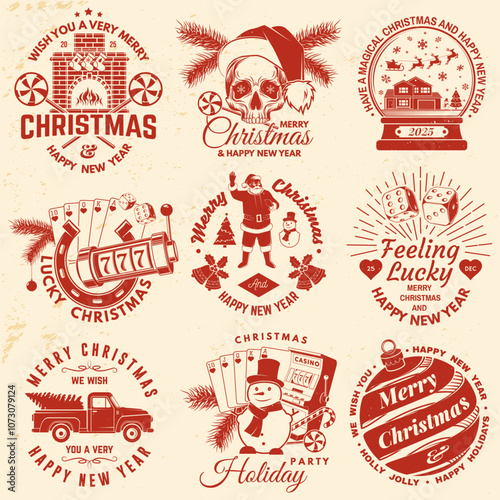 Set of Lucky Christmas casino night. Vintage print, logo, badge design with santa claus, casino dice, fireplace, poker playing card, slot machines and sweet candy cane. Vector illustration