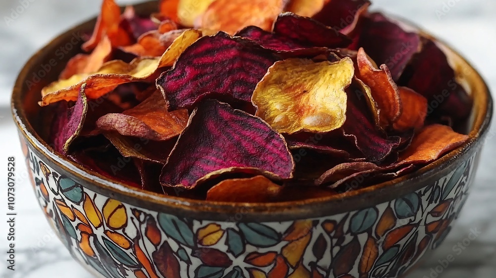 Close-up of Crunchy Carrot and Beetroot Chips in Patterned Bowl with Copy Space Close-up of Crunchy Carrot and Beetroot Chips in Patterned Bowl with Copy Space