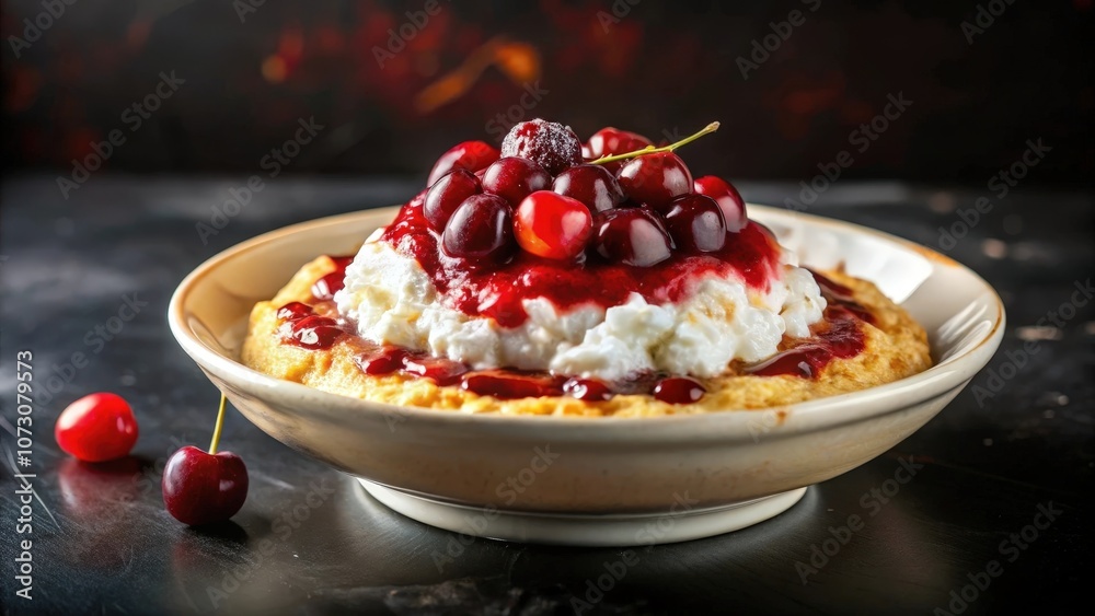 A Creamy Dessert with Cherries and Red Sauce in a White Bowl on a Black Surface A Creamy Dessert with Cherries and Red Sauce in a White Bowl on a Black Surface