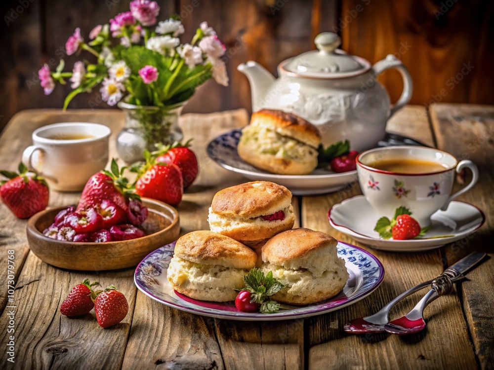 Freshly Baked Scones with Clotted Cream and Jam on a Rustic Wooden Table, Capturing the Essence of Traditional British Afternoon Tea Delight Freshly Baked Scones with Clotted Cream and Jam on a Rustic Wooden Table, Capturing the Essence of Traditional British Afternoon Tea Delight