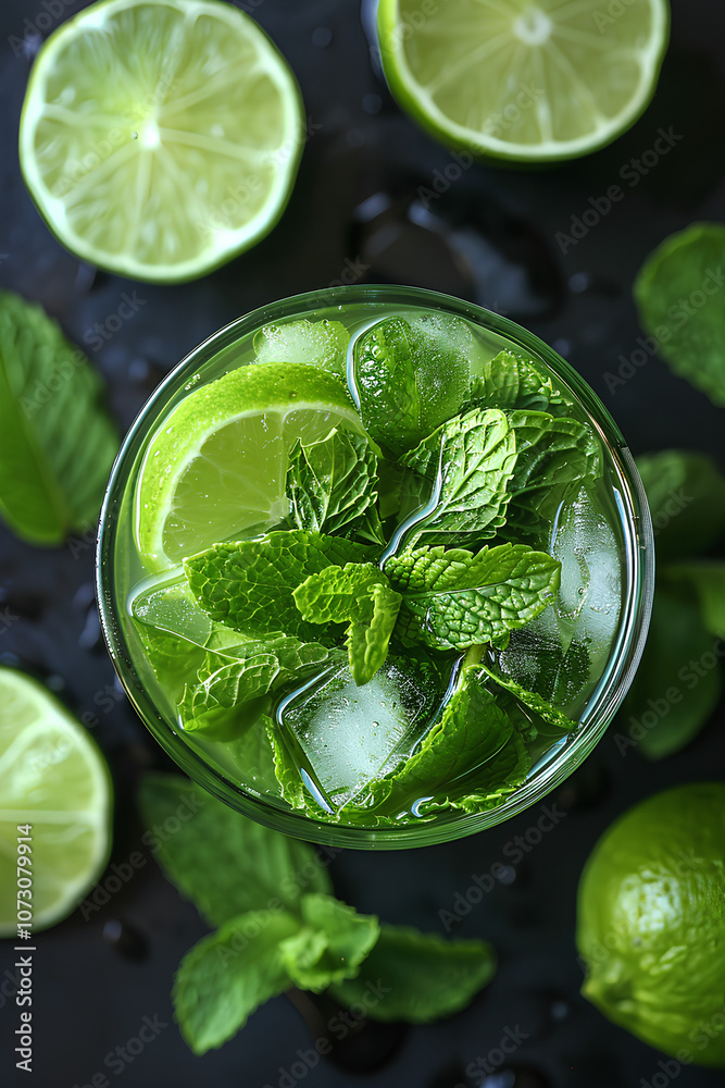 Glass of limeade with a few sprigs of mint on top Glass of limeade with a few sprigs of mint on top