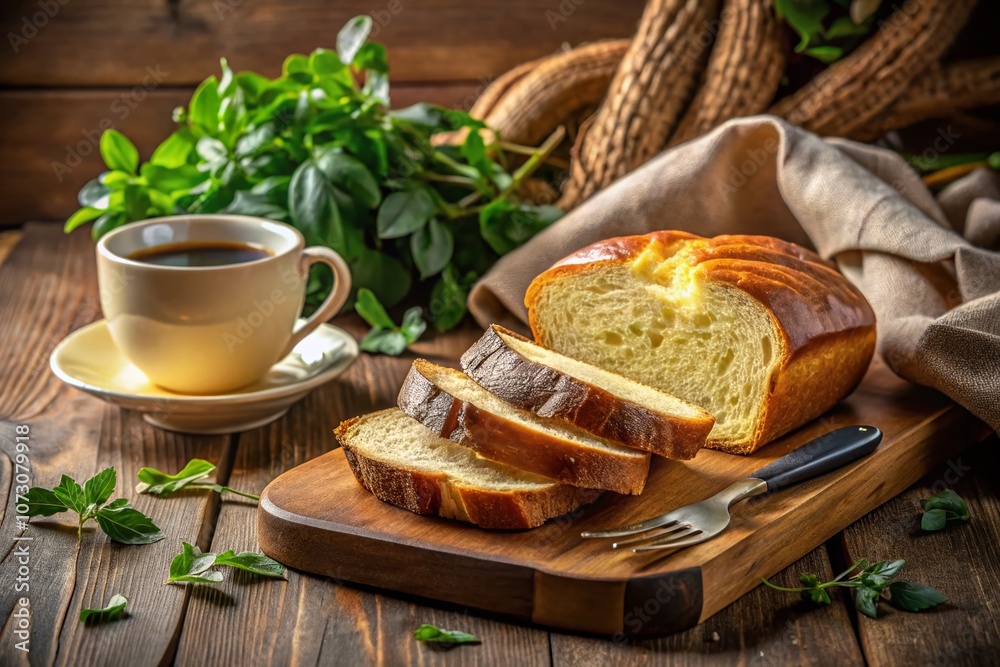 Freshly Sliced Bread with Butter and Coffee on a Wooden Board Surrounded by Greenery in a Cozy Setting for a Perfect Morning Experience Freshly Sliced Bread with Butter and Coffee on a Wooden Board Surrounded by Greenery in a Cozy Setting for a Perfect Morning Experience