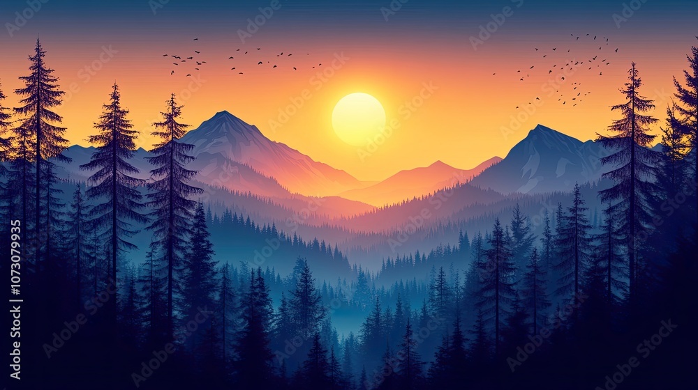 A scenic view of a mountain range at sunset with a flock of birds flying overhead. A scenic view of a mountain range at sunset with a flock of birds flying overhead.