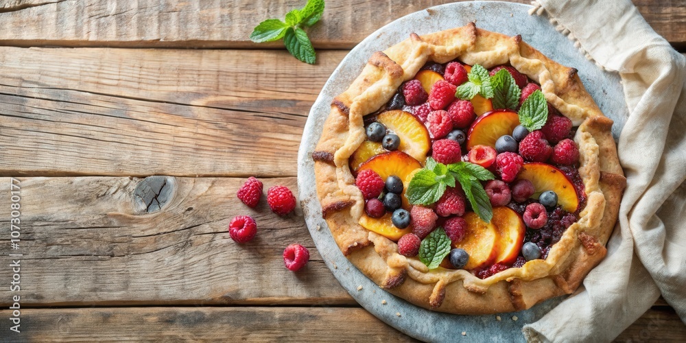 A rustic fruit tart with a flaky crust, topped with juicy peaches, sweet raspberries, and plump blueberries, nestled on a weathered wooden surface. A rustic fruit tart with a flaky crust, topped with juicy peaches, sweet raspberries, and plump blueberries, nestled on a weathered wooden surface.