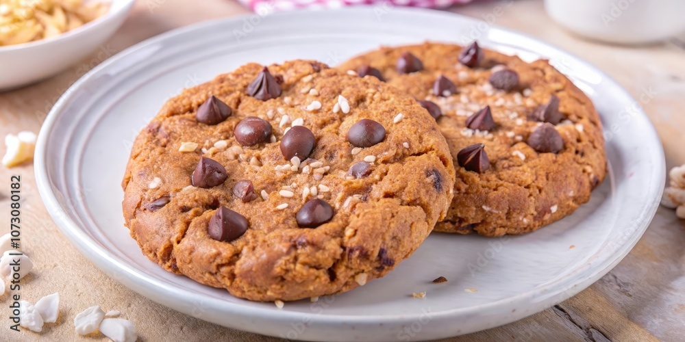 Two Soft, Chewy Chocolate Chip Cookies with Sesame Seeds and a Hint of Salt on a White Plate Two Soft, Chewy Chocolate Chip Cookies with Sesame Seeds and a Hint of Salt on a White Plate