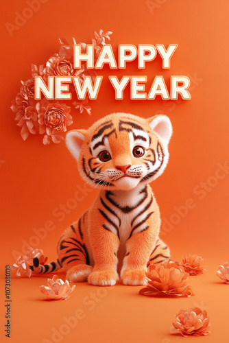 New Year Cards: 2025-themed Cute Neon Background Baby Tiger Illustrations photo