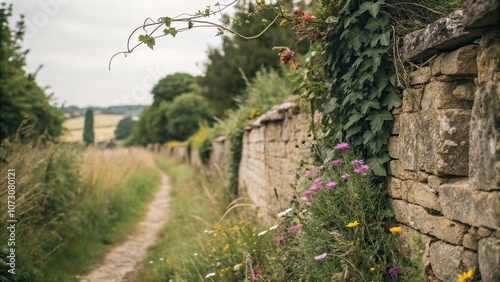 Rustic stone wall with overgrown vegetation and wildflowers, vegetation, plants, stones, natural decay, wall