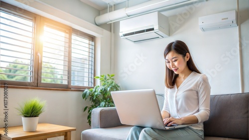 Woman Using Laptop Under The Air Conditioner