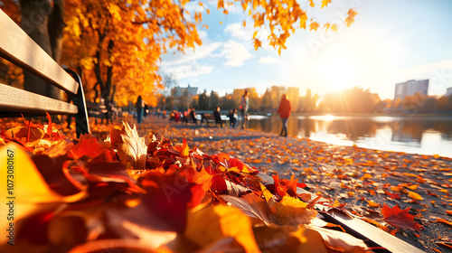 Herbstlicher Park im Sonnenlicht mit fallenden Blättern photo