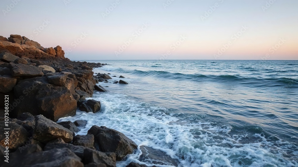 Serene ocean waves gently lapping against a rocky shoreline, ocean waves, shore Serene ocean waves gently lapping against a rocky shoreline, ocean waves, shore