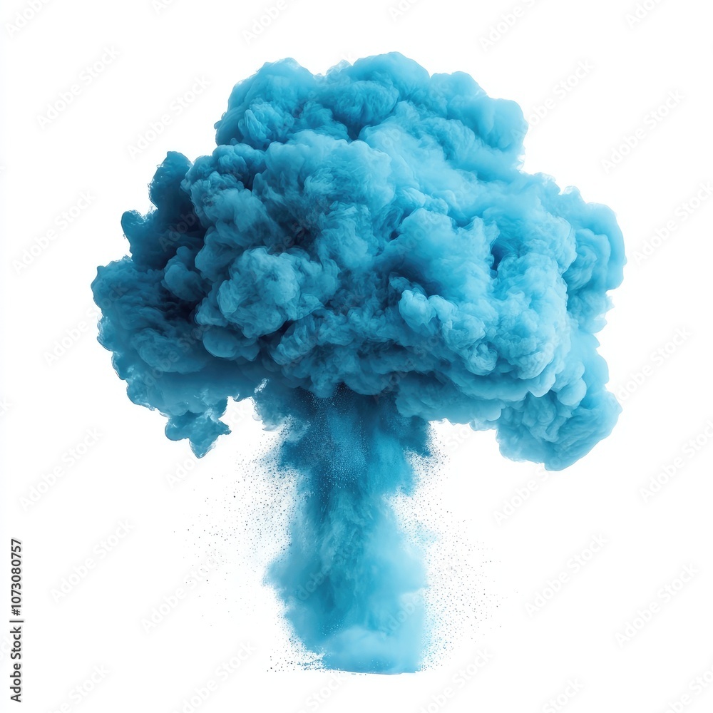 Fototapeta premium Vibrant Blue Smoke Cloud Explosion Captured in Mid-Air Against a White Background for Creative and Abstract Concepts