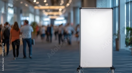 Blank White Poster on Easel in Busy Modern Conference Hall with Blurred People in Background