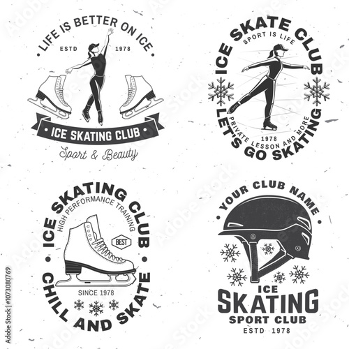 Set of Ice Skate club, academy logo, badge design. Concept for shirt or logo, print, stamp or tee with skate, skates blades and helmet . Winter sport. Vector illustration.
