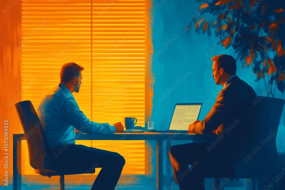 A detective in a dimly lit interrogation room interrogates a suspect. Generative AI A detective in a dimly lit interrogation room interrogates a suspect. Generative AI