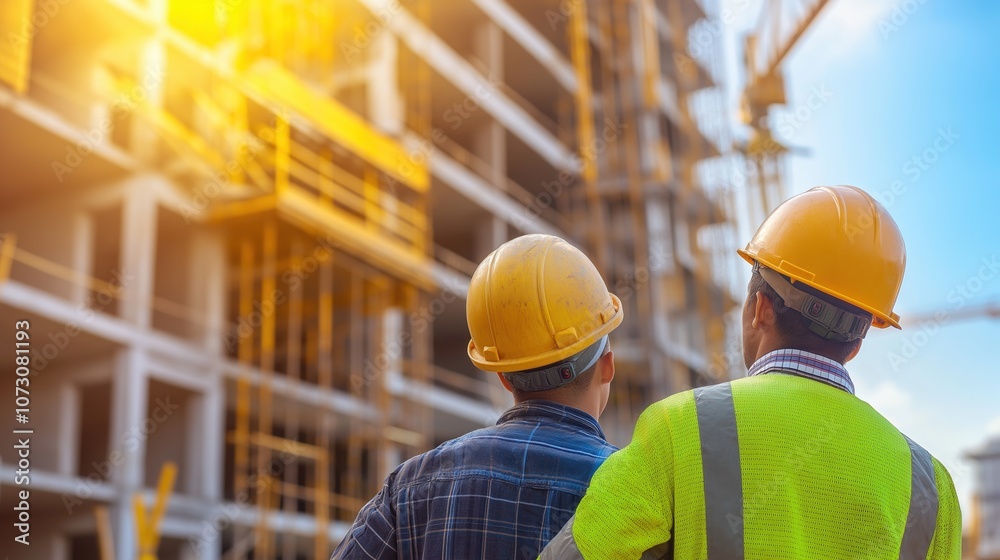 Two Construction Workers in Hard Hats Overseeing a Building Project on a Bright Day Two Construction Workers in Hard Hats Overseeing a Building Project on a Bright Day