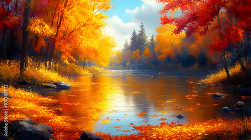 Autumn River Landscape Painting