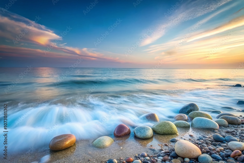 Obraz premium Gentle Waves Lapping on Tranquil Beach Rocks: A Minimalist Exploration of Nature's Serenity and Coastal Beauty