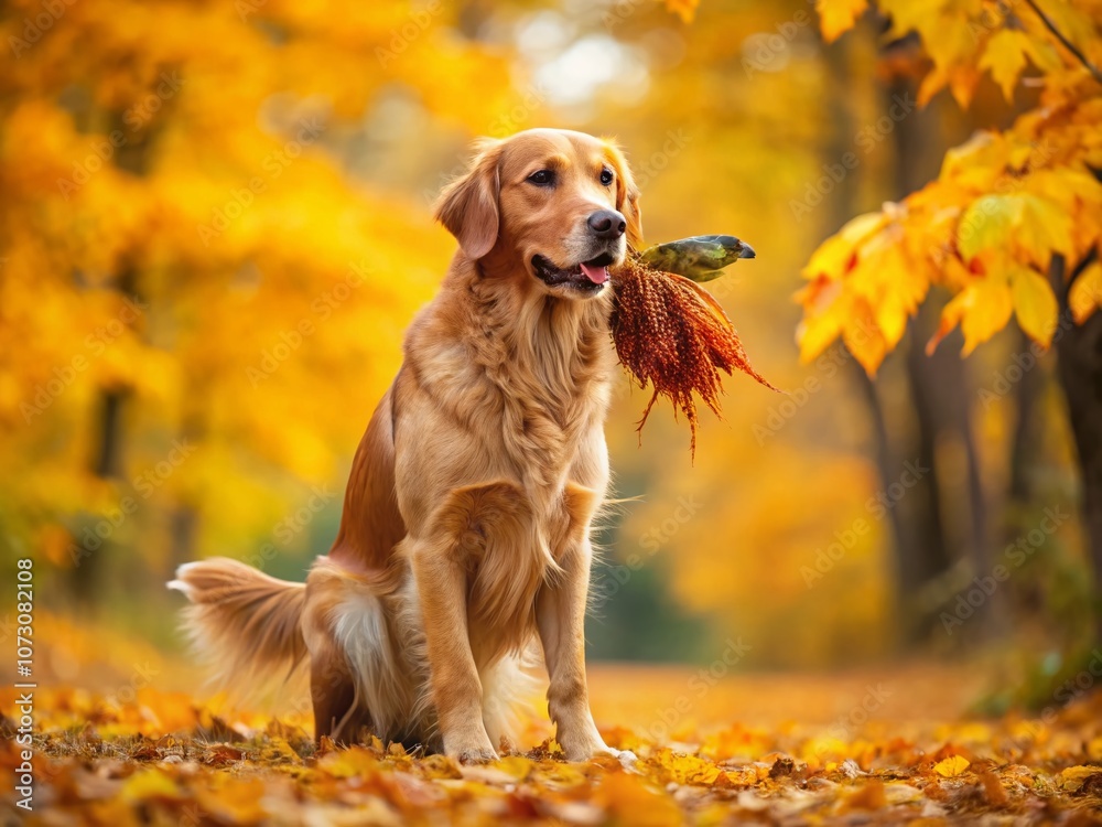 Golden Retriever Dog Proudly Holding a Pheasant in a Lush Autumn Landscape, Capturing the Essence of Hunting and Natural Companionship in Fashion Photography Style Golden Retriever Dog Proudly Holding a Pheasant in a Lush Autumn Landscape, Capturing the Essence of Hunting and Natural Companionship in Fashion Photography Style