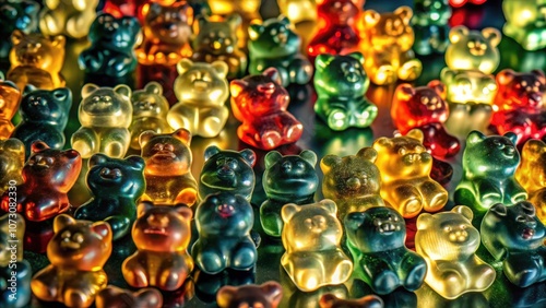 A vibrant collection of colorful gummy bears, showcasing a range of hues and textures, bathed in a warm, inviting glow.