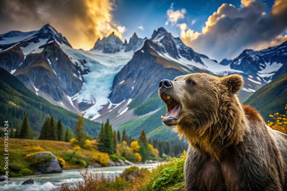 Grizzly Bear Roaring in the Mountains: A Majestic Display of Nature's Strength and Beauty in Urban Exploration Photography Capturing Wild Landscapes and Wildlife in Action