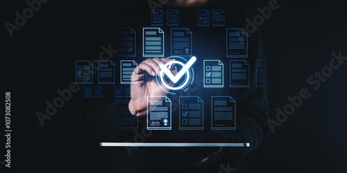Man pen touch check mark, document management system hologram with files